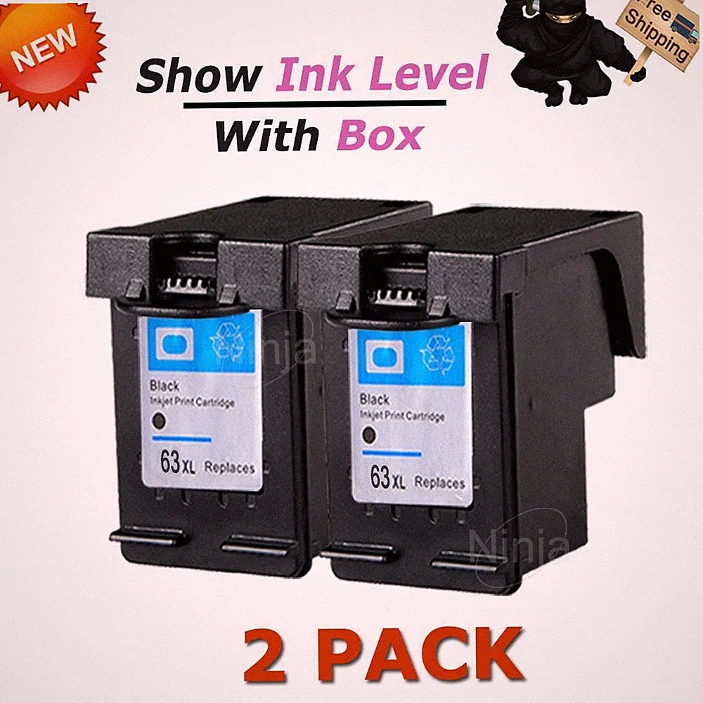 2 Pack 63XL 63 XL Black Ink for HP DeskJet 1110 2130 3630 3632 3634 3636 Printer